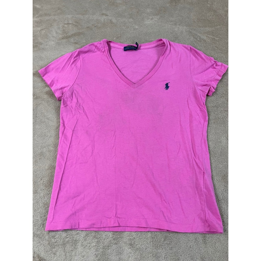 Polo Ralph Lauren T-Shirt Women Size Medium Pink V-Neck Short Sleeve EUC